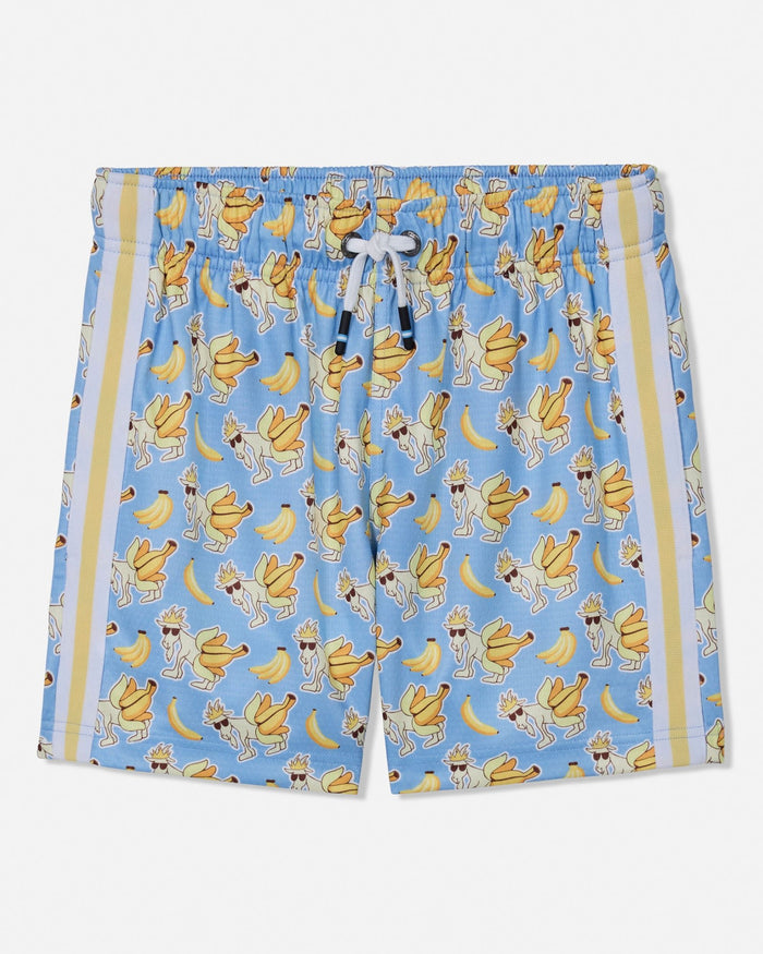 Light blue boxer briefs with an all-over print of cartoon goats eating bananas, featuring beige side stripes and a white drawstring.