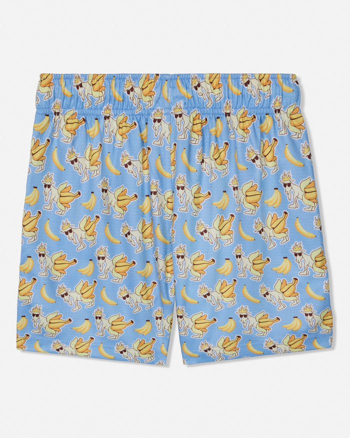 Light blue shorts featuring an all-over repeating print of cartoon goats wearing sunglasses and holding or next to yellow bananas.