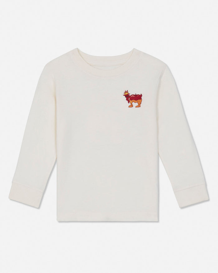 An off-white long-sleeve crewneck sweatshirt featuring a small embroidered red and orange goat graphic on the left chest, displayed on a clean white background.
