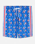 Blue shorts with American flag pattern on a white background