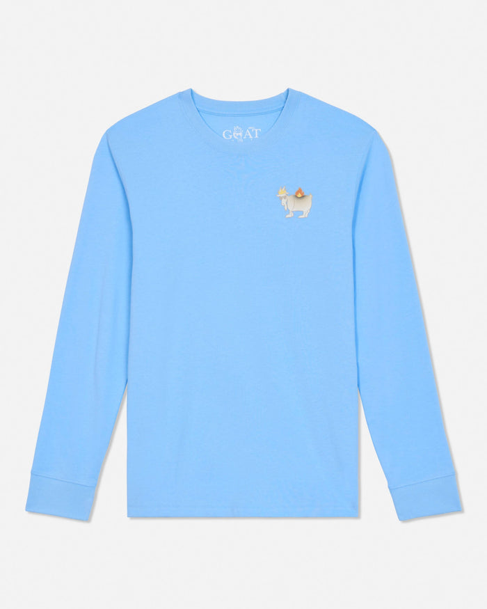 A light blue long-sleeve crewneck shirt by GOAT USA, featuring a small embroidered llama graphic on the left chest with a small orange hat.