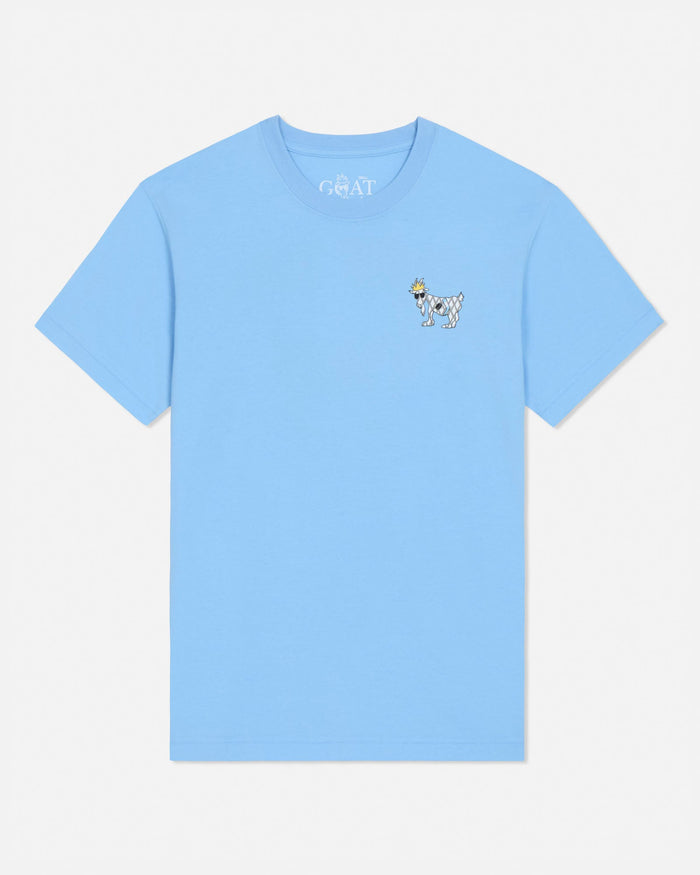 Light blue t-shirt with a small graphic on a white background
