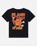 A black short-sleeve t-shirt with a colorful graphic print on the front featuring a cartoon flaming hot wing, the words 'FLAMIN HOT WINGS' in orange and yellow, and green starburst accents, shown against a light gray background.