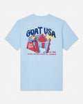 Light blue t-shirt with colorful graphic design on a white background