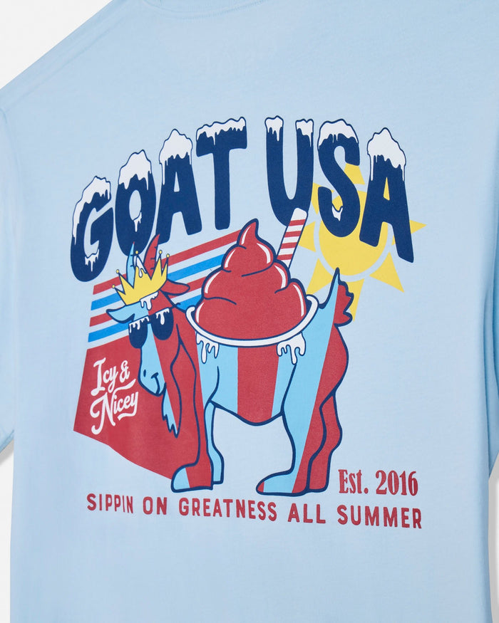 Light blue t-shirt with 'GOAT USA' graphic featuring a goat in sunglasses, with text 'Ice & Nicey' and 'Est. 2016'.
