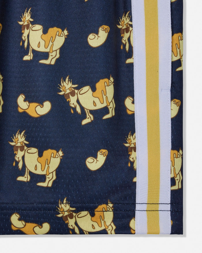 Close-up of a navy blue fabric product with a repeating goat pattern in beige and orange, plus a vertical white and mustard yellow striped trim.