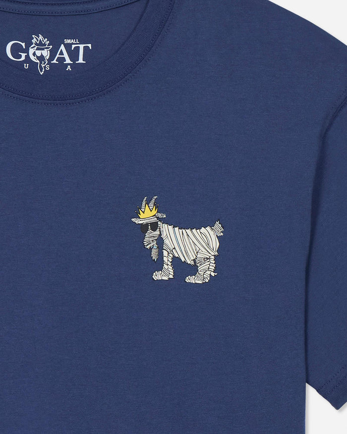 Navy blue t-shirt with a mummy goat wearing a crown graphic