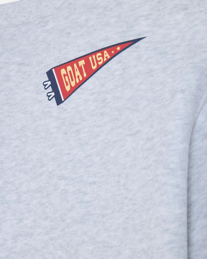 Close-up of patch o gray crewneck