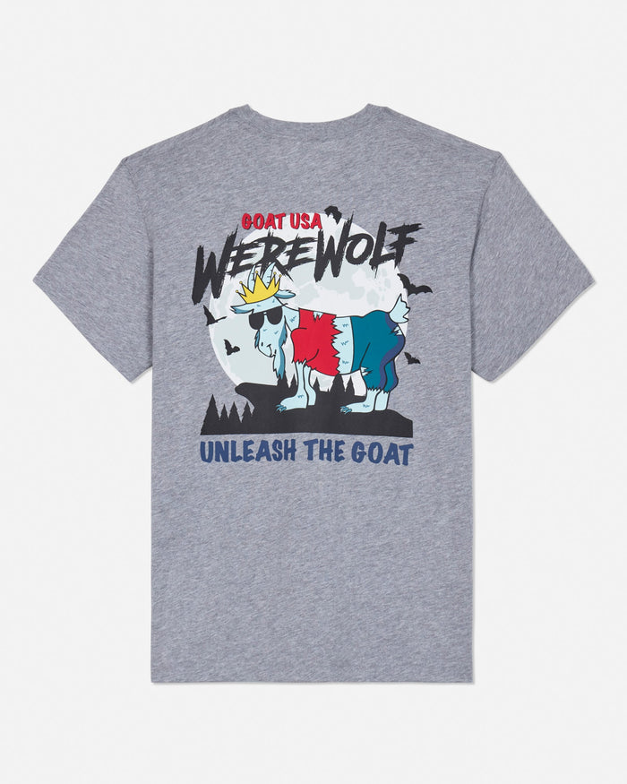 Back of gray t-shirt with a werewolf goat graphic