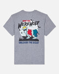 Back of gray t-shirt with a werewolf goat graphic