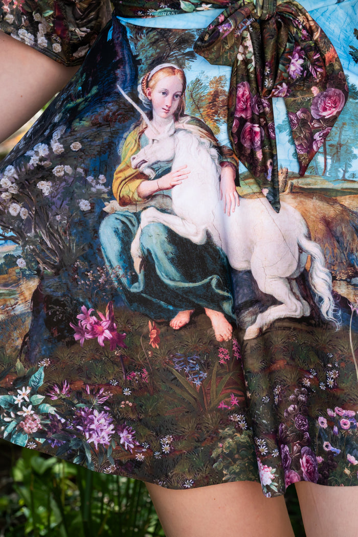 Women’s skater skirt featuring unicorn artwork, high waist fit and practical side pockets