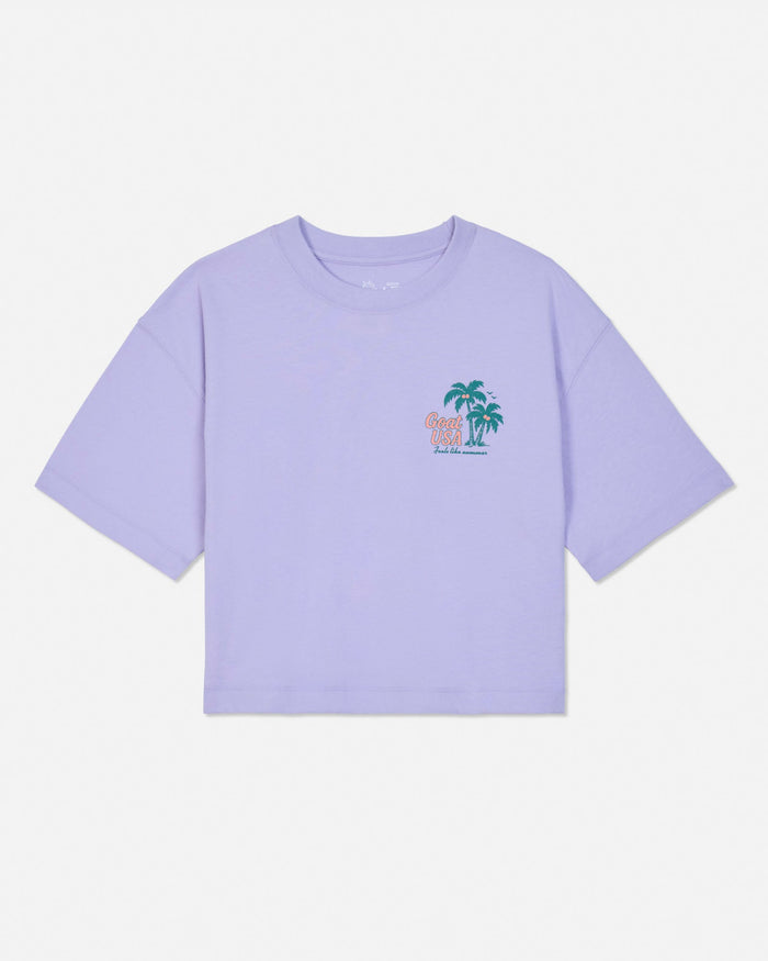 Periwinkle crop tee with a small graphic on a white background