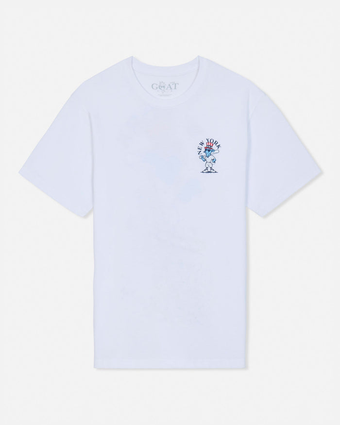 A white short-sleeve crewneck t-shirt with a small blue and red graphic on the left chest, displayed flat against a light gray background.#color_white